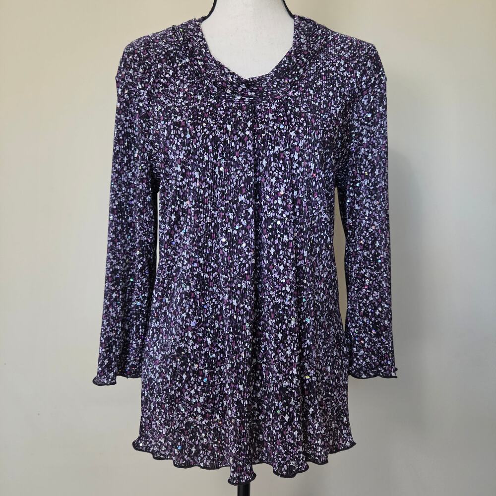 Christopher & Banks M Pullover Cowl Neck Plisse 3/4 Sleeve Sparkly Top Blouse